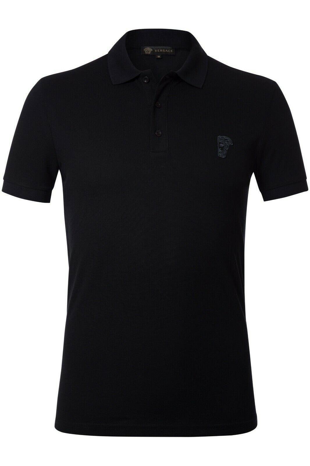 Black Versace polo shirt with Medusa logo embroidery on chest, short sleeves, and buttoned collar