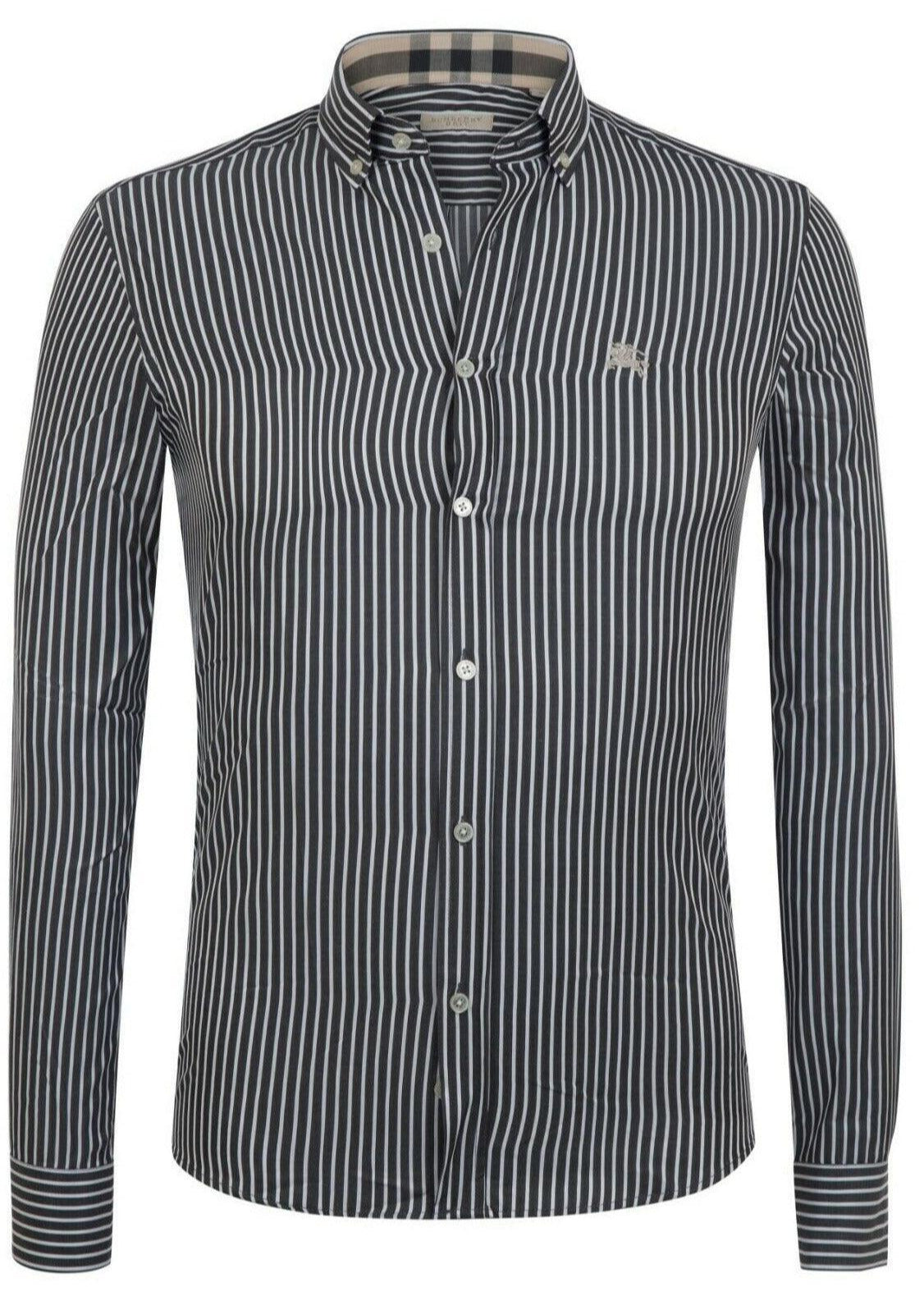 Black and white vertical striped men's button-up shirt with long sleeves and small embroidered logo