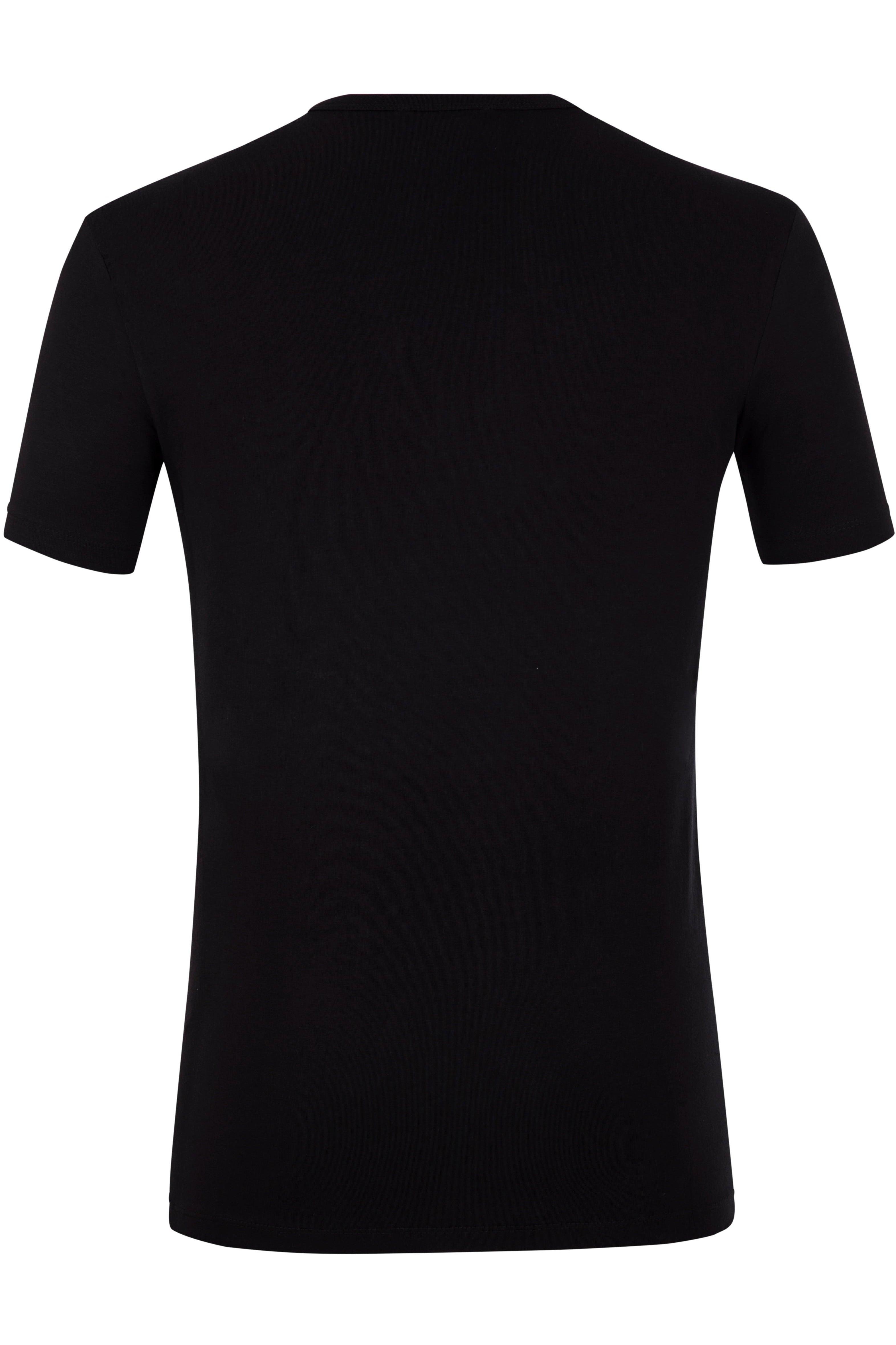 Plain black short-sleeve crew neck t-shirt viewed from the back