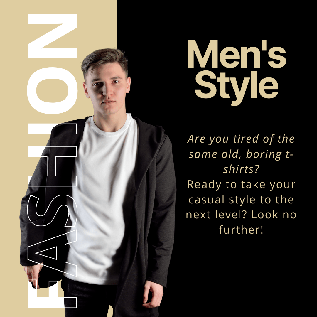 Young man in casual white t-shirt and black jacket posing against beige and black background with men's fashion text