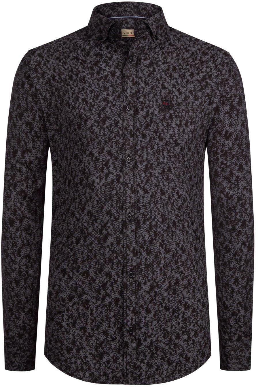 Gucci men's long-sleeve button-up shirt with dark floral print and collar